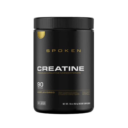 Spoken Creatine supplement container on a white background