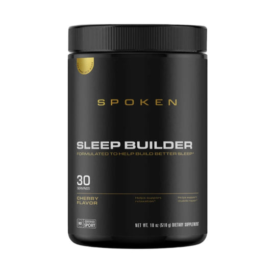 Black supplement container labeled 'Spoken Sleep Builder' on a white background