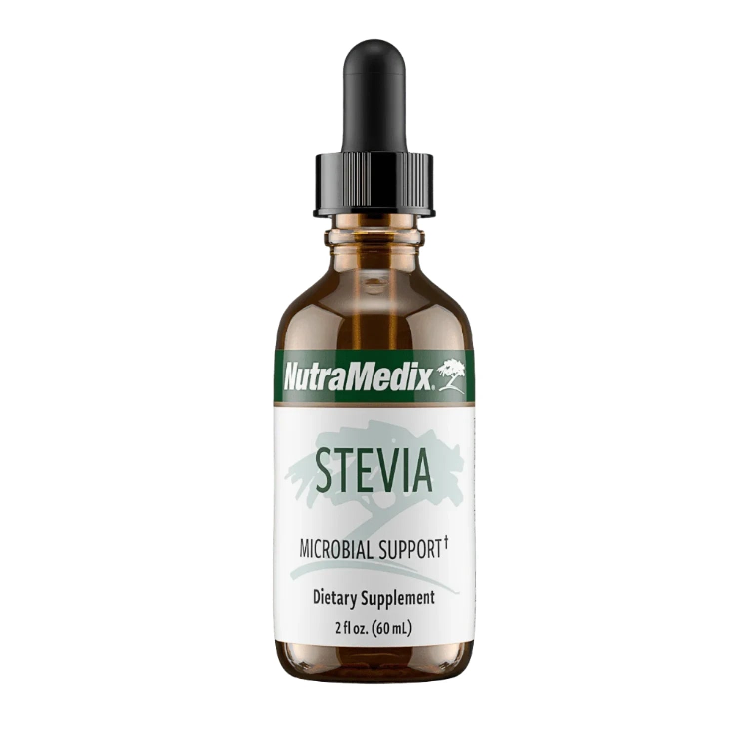 A bottle of Nutramedix Stevia Microbial Support dietary supplement, 2 oz size.