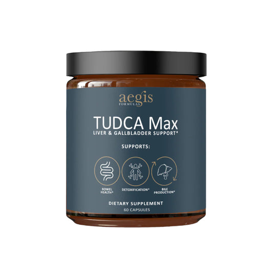 Supplement jar labeled 'TUDCA Max' by aegis for liver and gallbladder support on a white background.