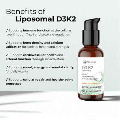 Bottle of liposomal D3K2 supplement with text listing benefits on a light gray background