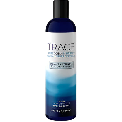 A bottle of Trace Ocean Minerals dietary supplement, with a label indicating it contains 250ml of liquid and is a product of Activation.