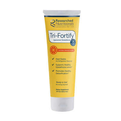 A tube of Tri-Fortify Liposomal Glutathione supplement with yellow packaging and a white label.