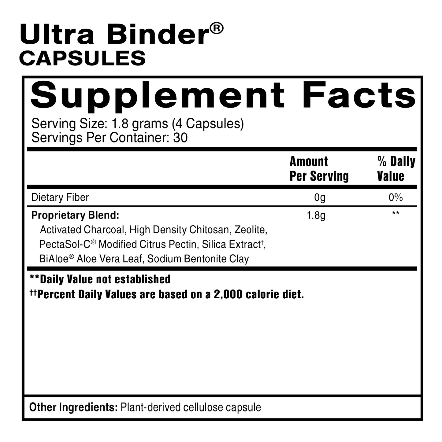 Supplement facts label for Ultra Binder Capsules on a white background