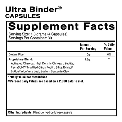 Supplement facts label for Ultra Binder Capsules on a white background