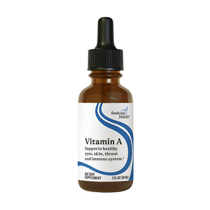 A bottle of Vitamin A Drops dietary supplement with a dropper cap.