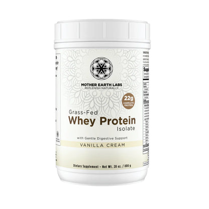 Container of Mother Earth Labs Grass-Fed Whey Protein Isolate Vanilla Cream on a white background.