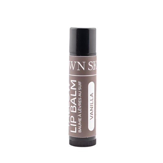 Lip balm with vanilla flavor on a white background