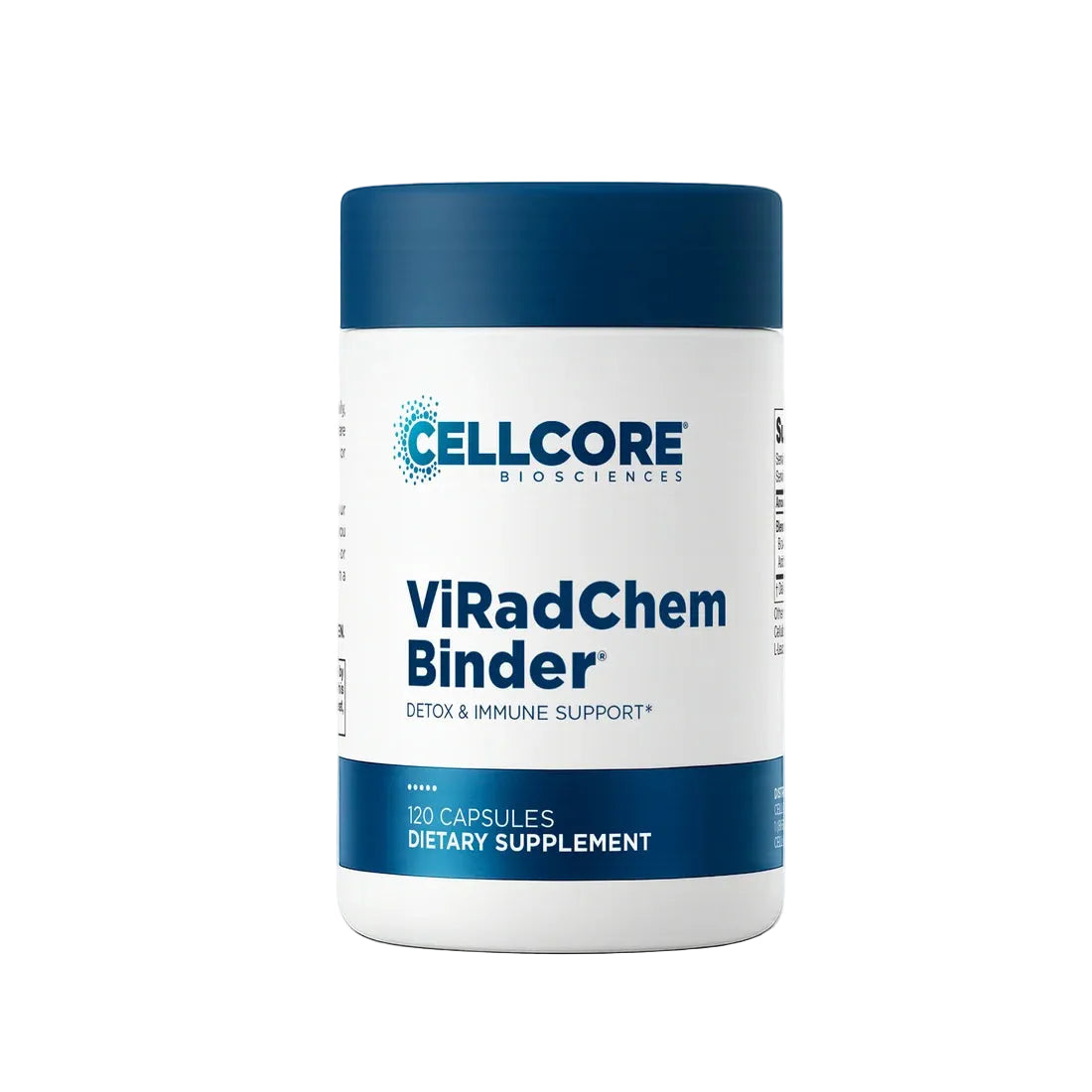 A white bottle of Cellcore Biosciences ViRadChem Binder dietary supplement with a dark blue cap and blue text, shown on a clean white background.