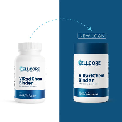 Two white supplement bottles labeled Cellcore Biologics ViRadChem Binder are shown side by side on a split white and dark blue background, with a dashed arrow and 'NEW LOOK' text indicating a product design update.