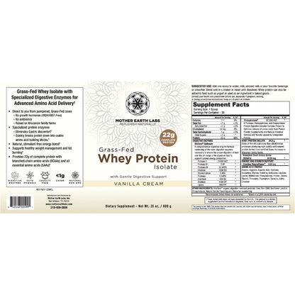 Label of Mother Earth Labs Grass-Fed Whey Protein Isolate Vanilla Cream on a white background.