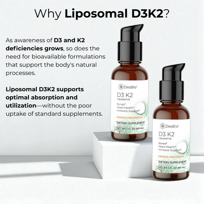 Two bottles of DesBio D3 K2 liposomal supplement on a white background with text about its benefits.