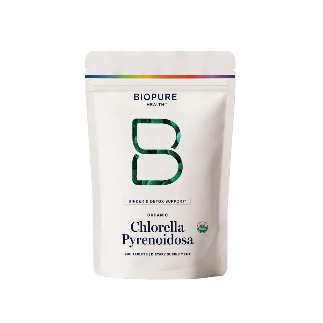 Biopure Chlorella Pyrenoidosa supplement package on a white background