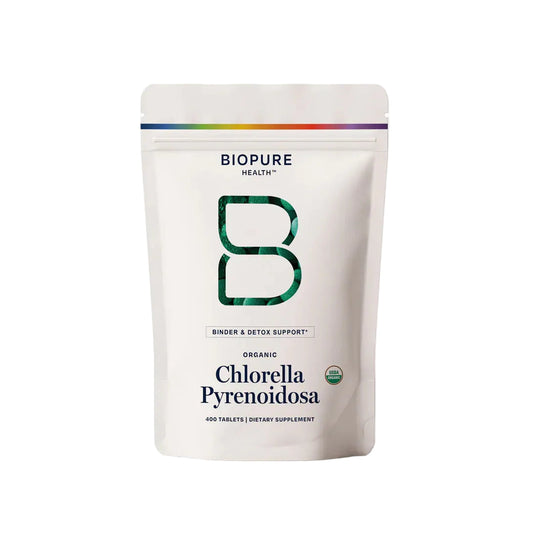 Biopure Chlorella Pyrenoidosa supplement package on a white background