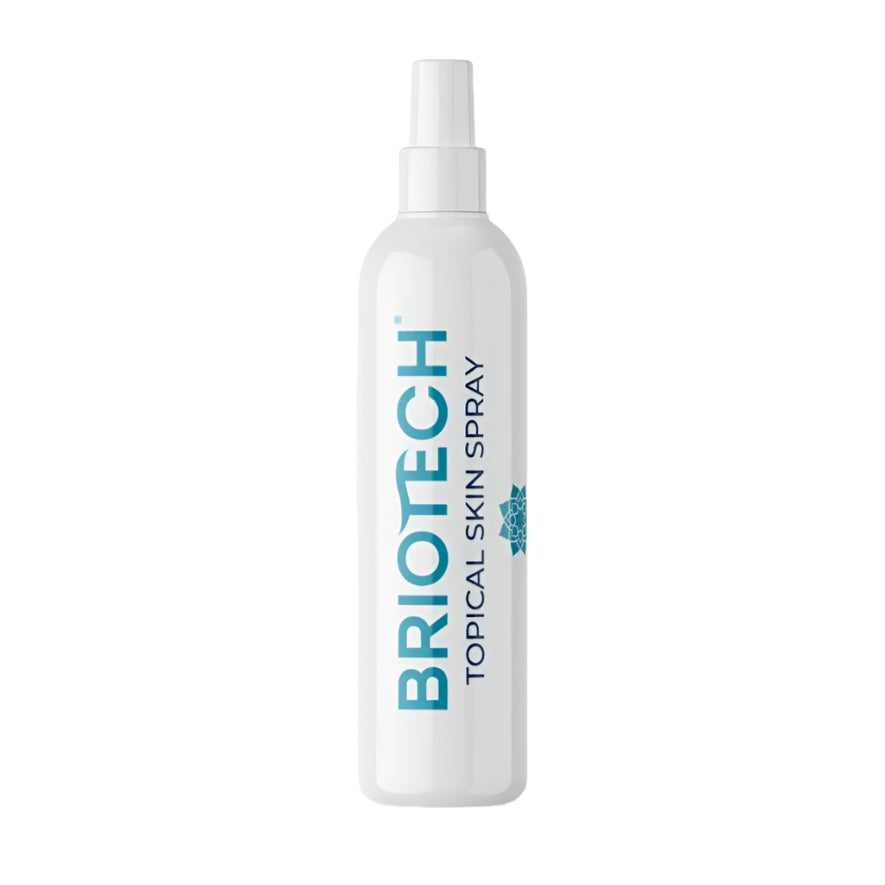 A white spray bottle labeled 'BRIOTECH Skin Spray' with blue and teal text and accents. 