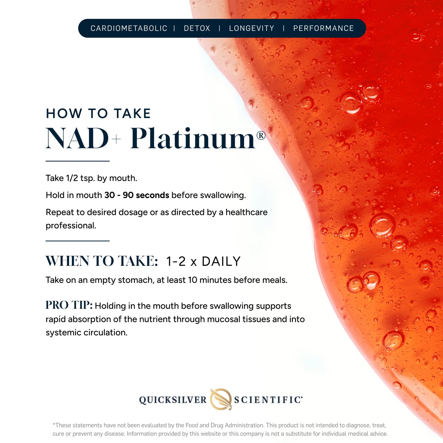NAD+ Platinum supplement information sheet with red liquid background
