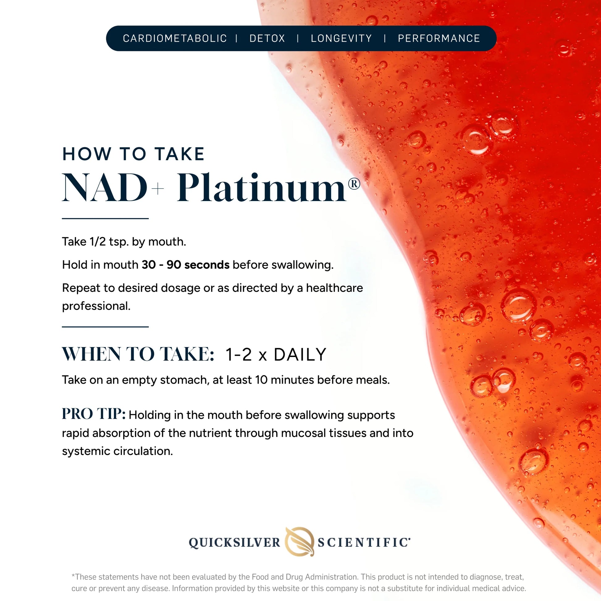 NAD+ Platinum supplement information sheet with red liquid background