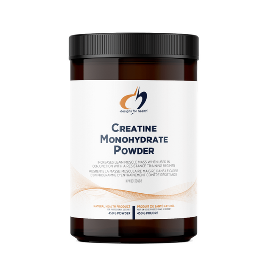Jar of Creatine Monohydrate Powder with a white label on a white background