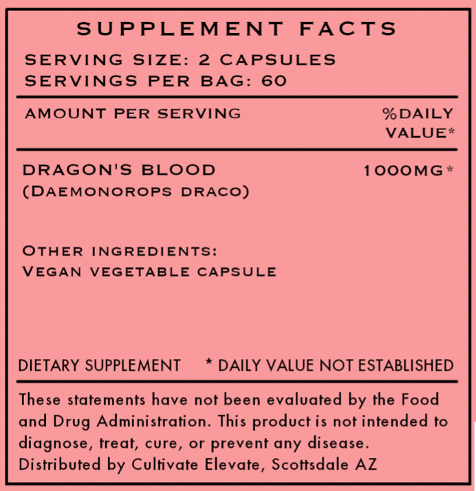 Supplement facts label with 'Dragon's Blood' on a pink background
