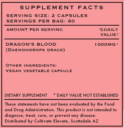 Supplement facts label with 'Dragon's Blood' on a pink background
