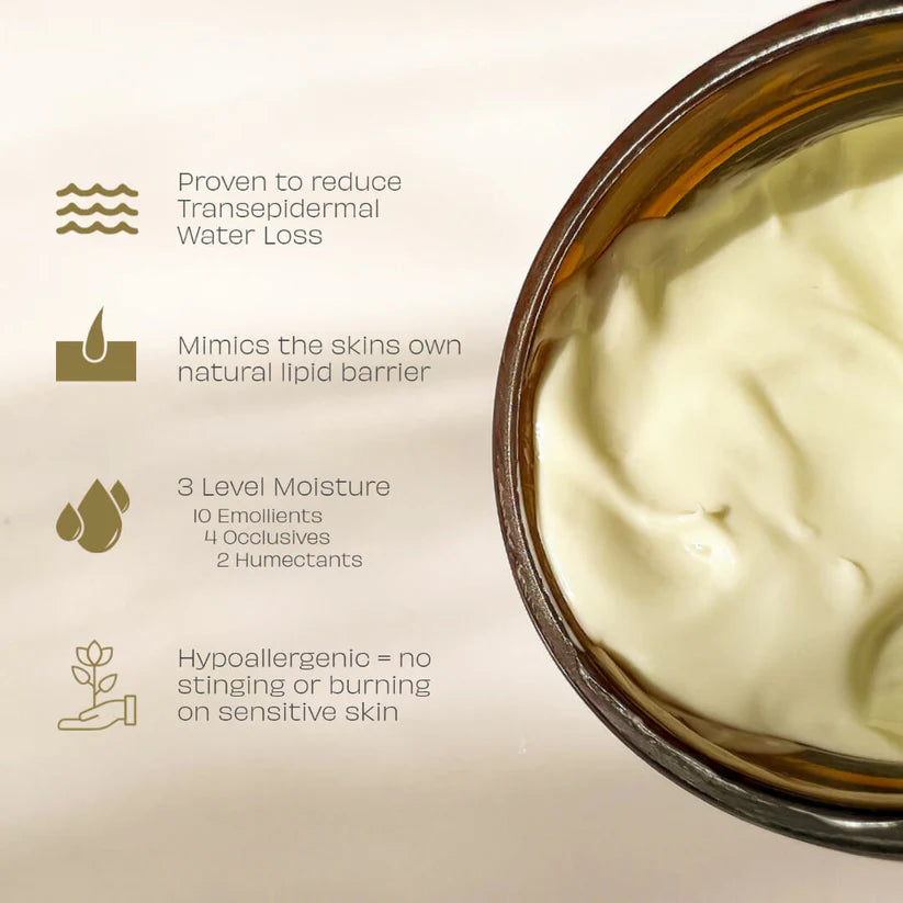 Jar of cream with text about its benefits on a beige background