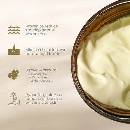 Jar of cream with text about its benefits on a beige background