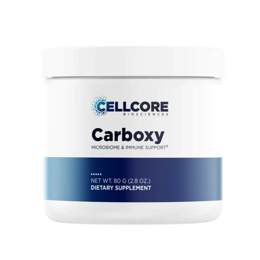 Dietary supplement container labeled 'Carboxy' by Cellcore Biosciences on a white background