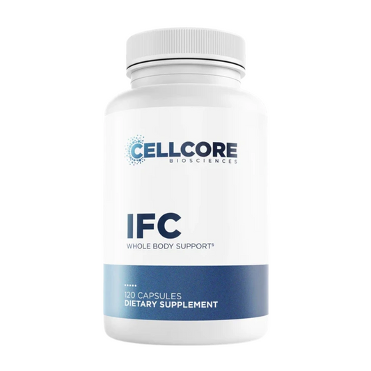 Supplement bottle labeled 'IFC' by Cellcore Biosciences on a white background