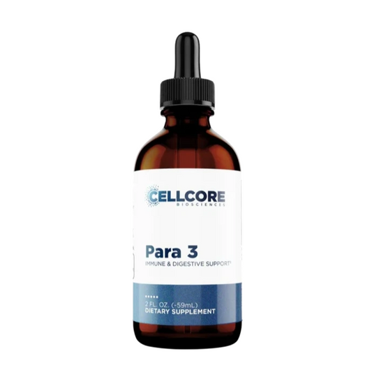 Bottle of Cellcore Para 3 dietary supplement on a white background