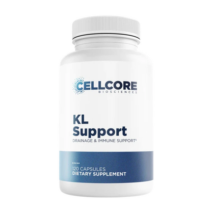 Supplement bottle labeled 'KL Support' by Cellcore Biosciences on a white background