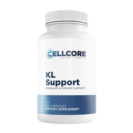 Supplement bottle labeled 'KL Support' by Cellcore Biosciences on a white background