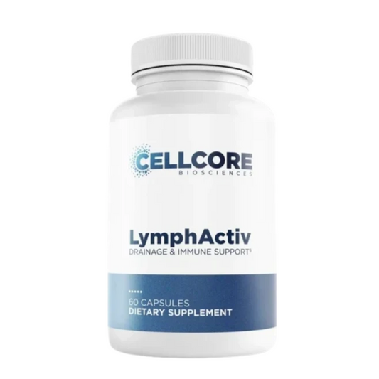 Supplement bottle labeled 'LymphActiv' by Cellcore Bioscience on a white background