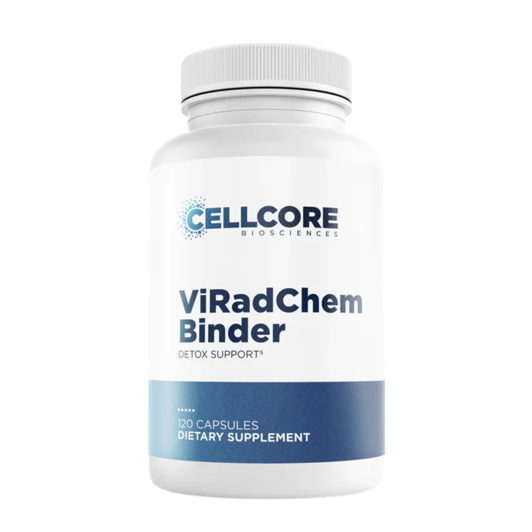Supplement bottle labeled 'ViRadChem Binder' by Cellcore on a white background