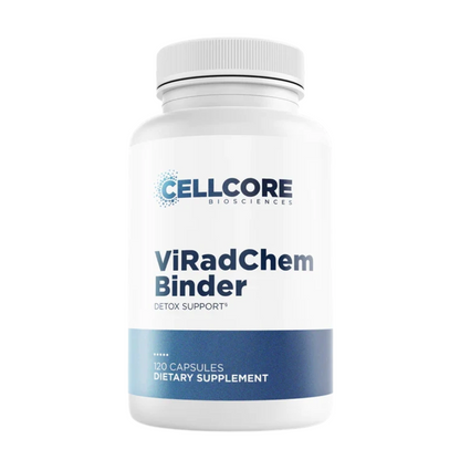 Supplement bottle labeled 'ViRadChem Binder' by Cellcore on a white background
