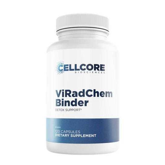 Supplement bottle labeled 'ViRadChem Binder' by Cellcore on a white background