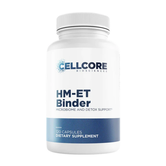 Supplement bottle labeled 'HM-ET Binder' by Cellcore Biosciences on a white background