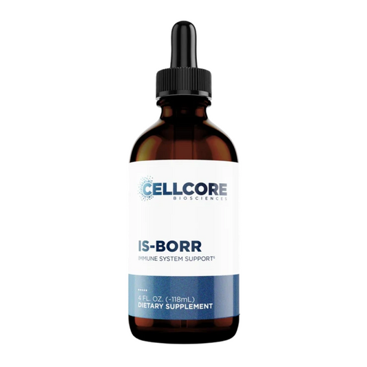 Brown glass bottle with dropper labelled 'IS-BORR' by Cellcore Biosciences on a white background