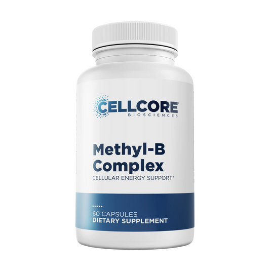 A bottle of Cellcore Biosciences Methyl-B Complex dietary supplement with 60 capsules, labeled as supporting cellular energy.