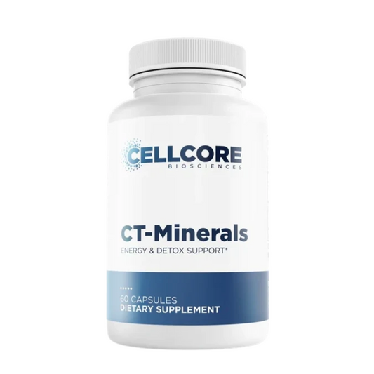 Supplement bottle labeled 'CELLCORE BioSciences CT-Minerals' on a white background