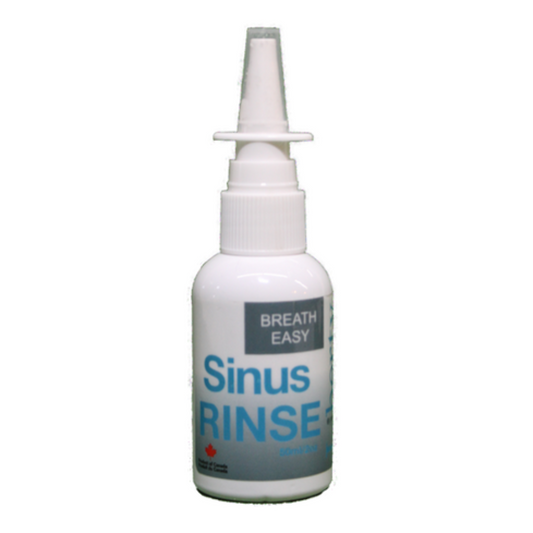 Bottle of Sinus Rinse spray with 'Breath Easy' label on a white background