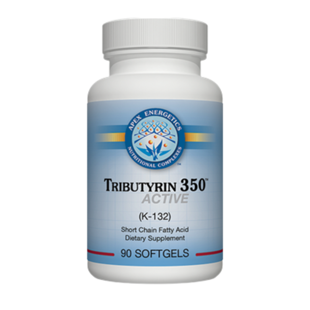 Supplement bottle labeled 'Tributyrin 350 Active' on a white background