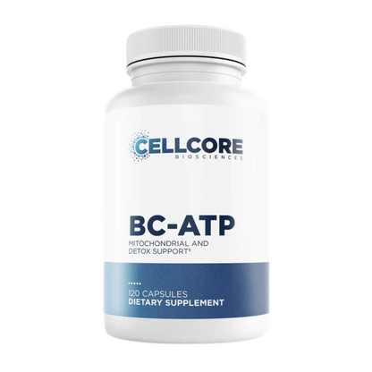 Supplement bottle labeled 'BC-ATP' by Cellcore Bioscience on a white background