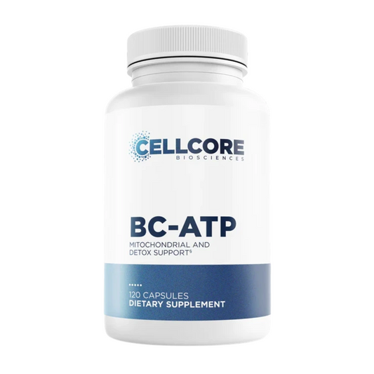 Supplement bottle labeled 'BC-ATP' by Cellcore Bioscience on a white background