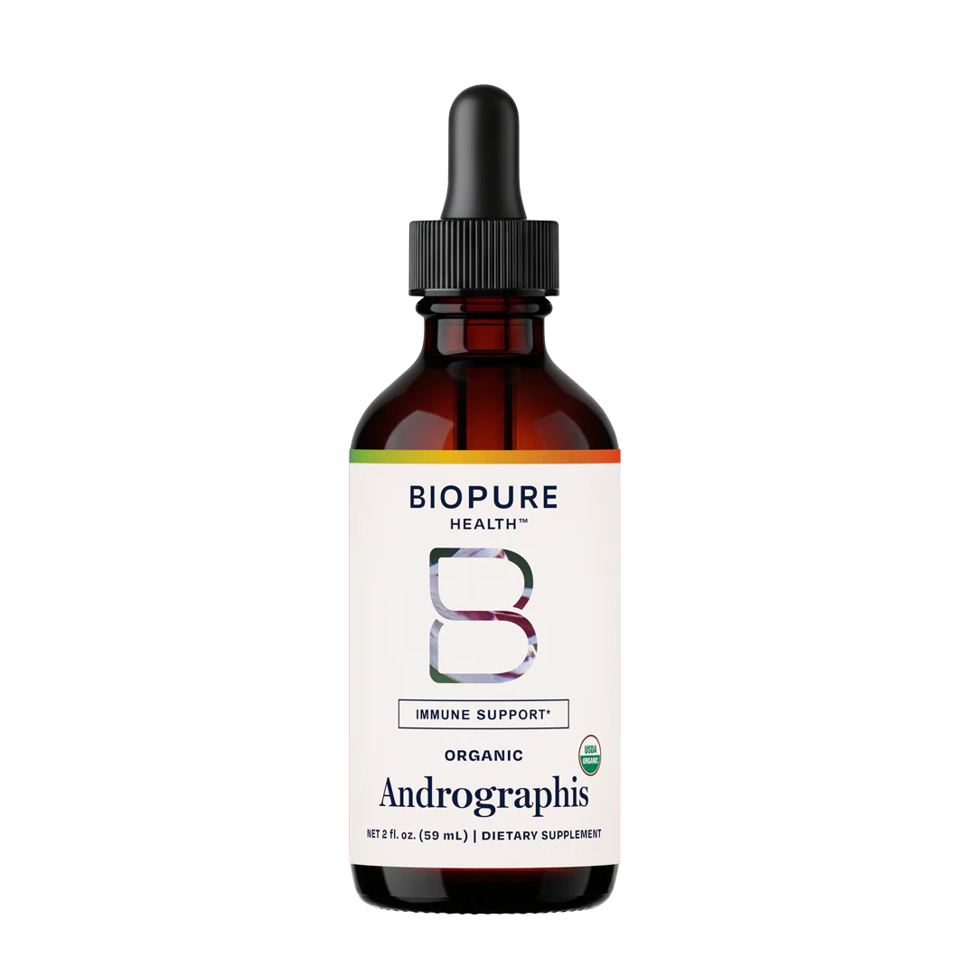 Biopure Health Andrographis dietary supplement bottle with dropper on a white background