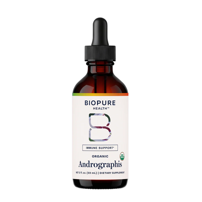 Biopure Health Andrographis dietary supplement bottle with dropper on a white background