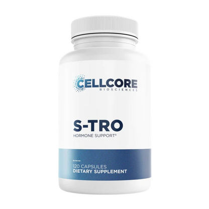 Supplement bottle labeled 'S-TRO' by Cellcore Biosciences on a white background
