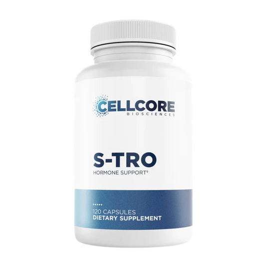 Supplement bottle labeled 'S-TRO' by Cellcore Biosciences on a white background
