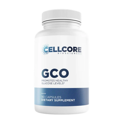 Supplement bottle labeled 'GCO' by Cellcore Biosciences on a white background
