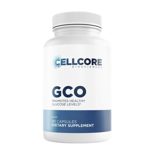 Supplement bottle labeled 'GCO' by Cellcore Biosciences on a white background