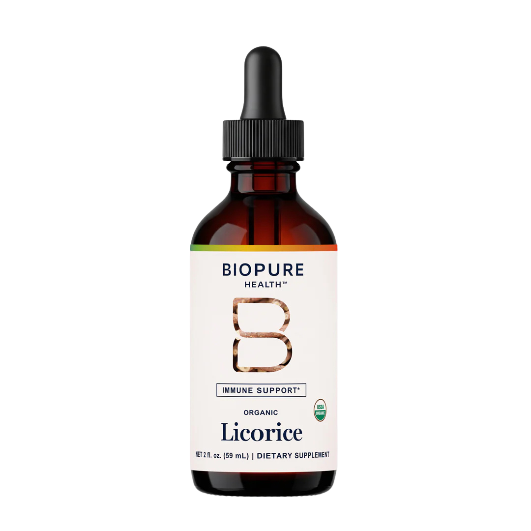 Biopure Health Licorice dietary supplement bottle with dropper on a white background